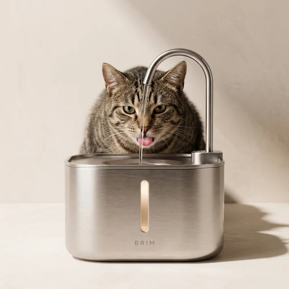 A tabby cat drinking from the arching spout, seen head-on