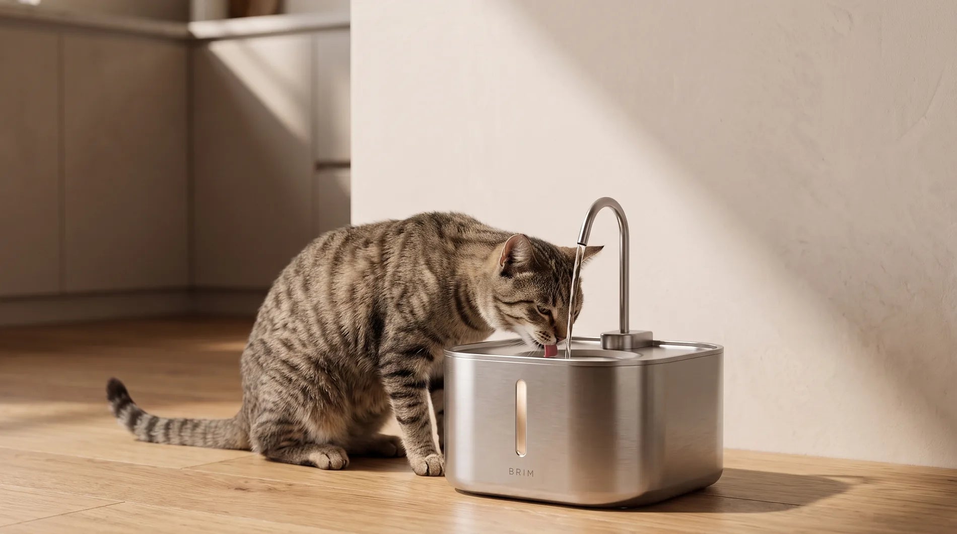 A tabby cat drinking from the BRIM station on a kitchen floor