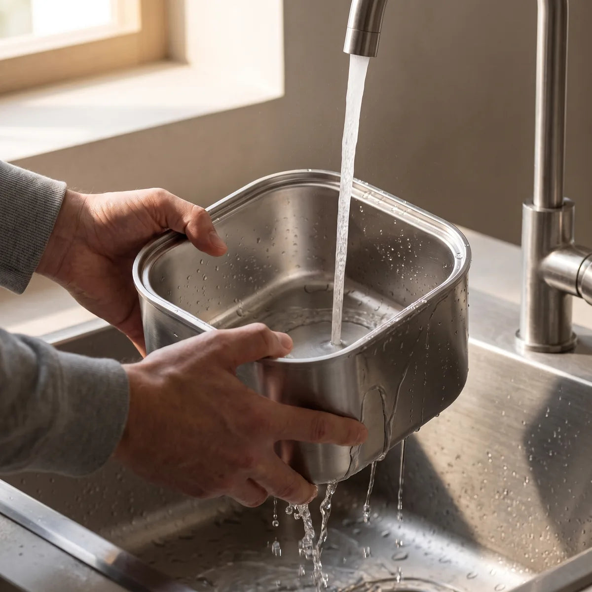 The stainless tank being rinsed under a kitchen tap